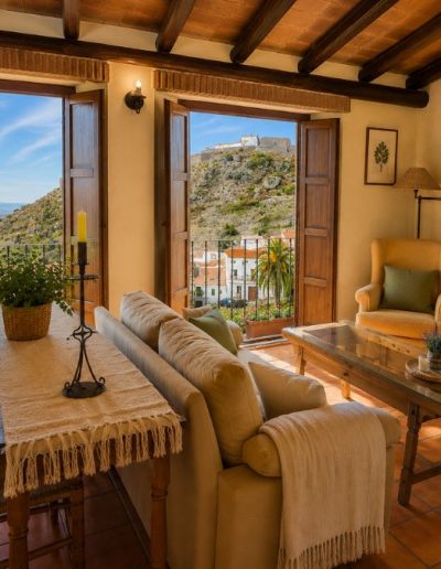 Salón con chimenea y vistas